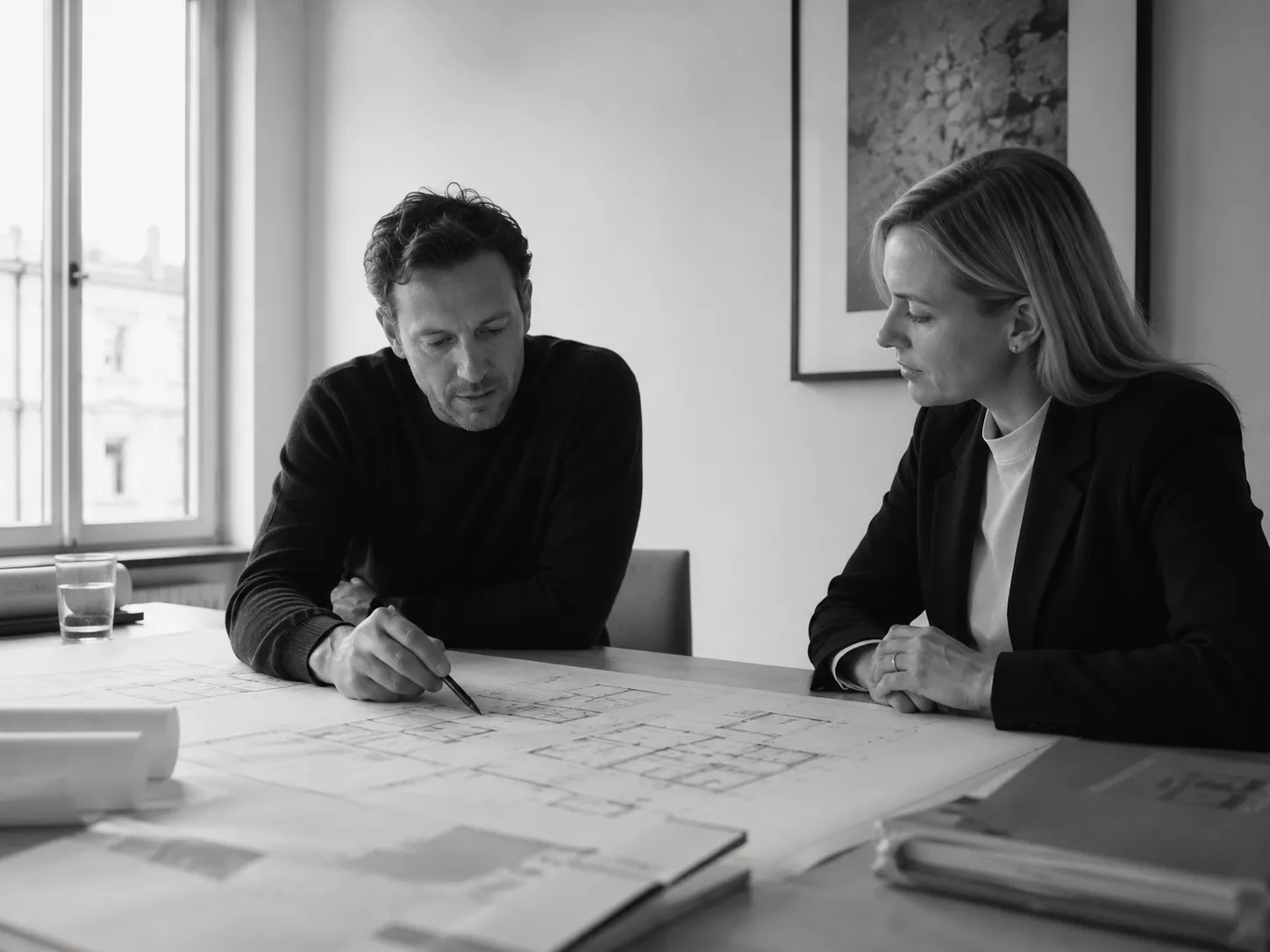 Zwei Personen besprechen Pläne im Studio